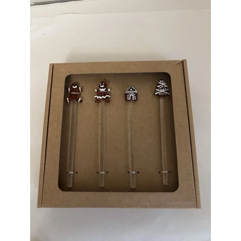 Pottery Barn‎ Gingerbread Icon Glass Stir Sticks, Set Of Four Stirrers NEW